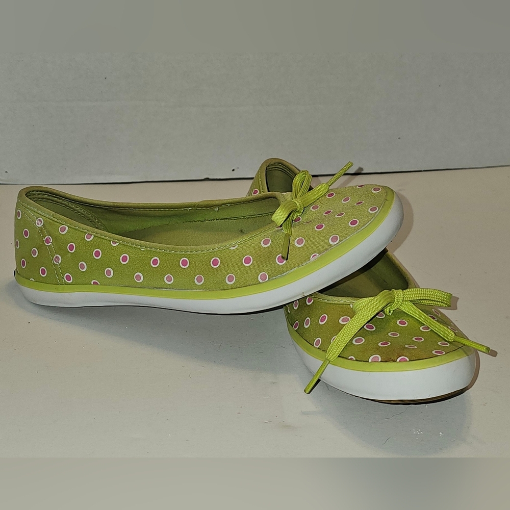 Green Keds With Pink Polkadot Slip On Shoes Size 6.5 Polka Dot